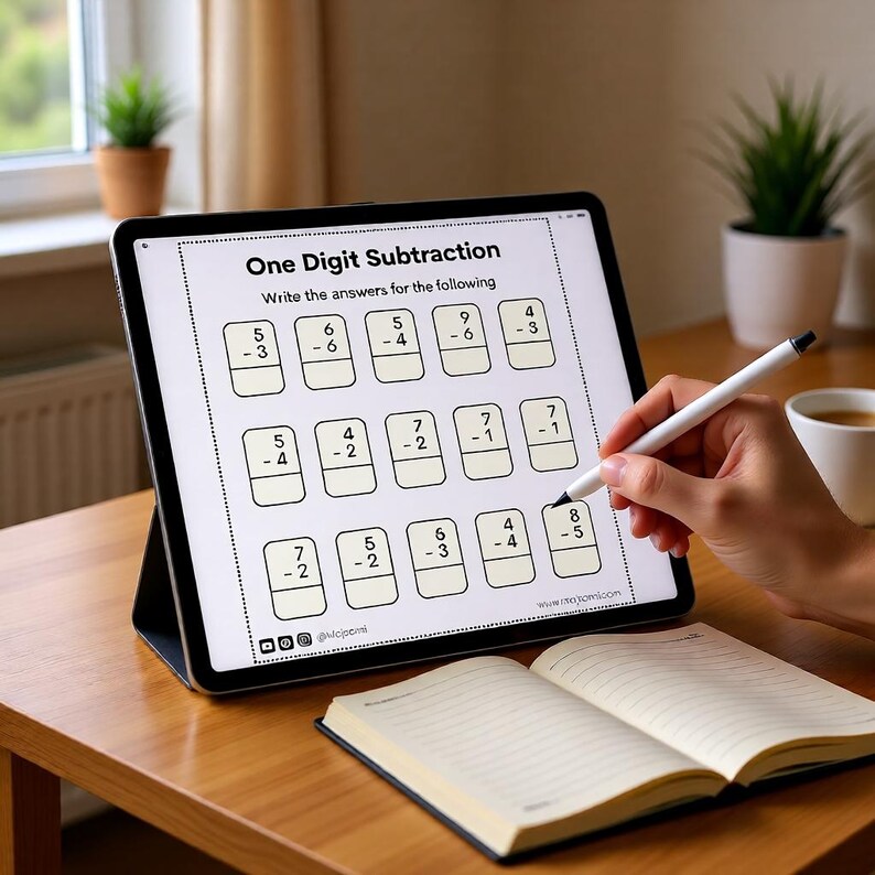 One digit subtraction worksheet with single digit numbers and write the answers instruction for children