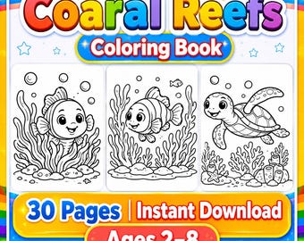 Coral Reef Coloring Book for Kids and Adults, 30 Printable Underwater Ocean Animal Pages, Marine Life Activity, A4 PDF Instant Download