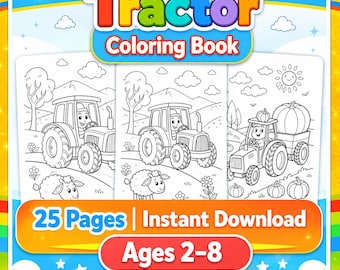 Tractor Coloring Book for Kids Printable, 25 Pages Farm Vehicle Coloring Pages, Kawaii Tractor PDF, Digital Download, Toddler Boy Activity