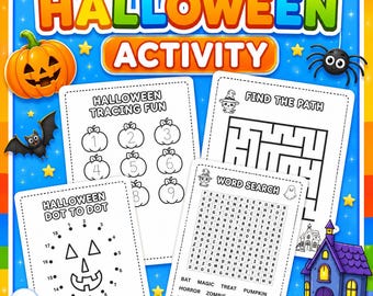 Halloween Aktivitäten Buch, 20 Seiten Kinder druckbare PDF, Gruselige Party Spiele Arbeitsblätter, Sofort Download