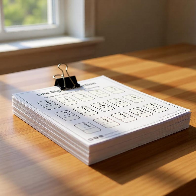 One digit subtraction worksheet with sums in grid format and write the answers instruction for kids