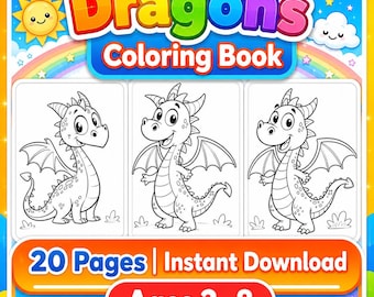 ドラゴンの塗り絵、ファンタジー生物20ページ、子供向けアクティビティ印刷可能PDF PNG即時ダウンロード