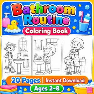 Bathroom Routine Coloring Book for Kids Printable, 20 Pages Hygiene Brushing Teeth Coloring Pages, Self Care PDF, Digital Download