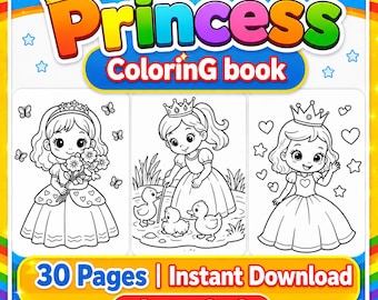 Princess Coloring Book for Girls, 30 Printable Fairy Tale Pages, Unicorn Castle Magical Activity, A4 PDF Instant Download, Girls Gift