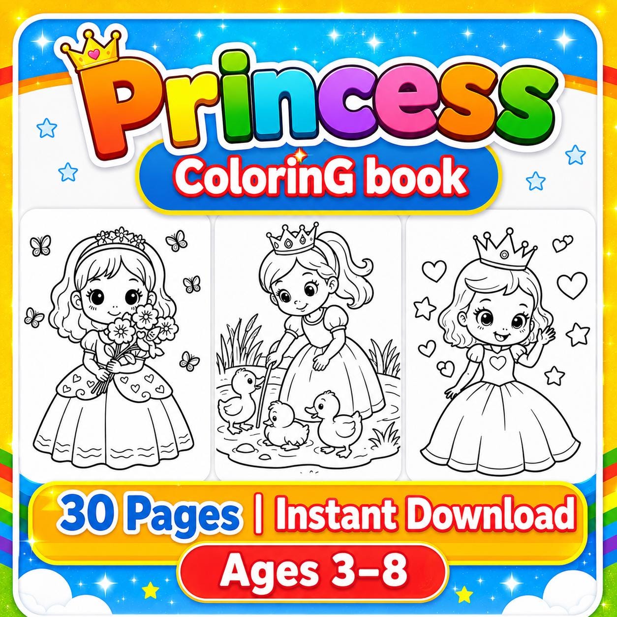 Princess Coloring Book for Girls, 30 Printable Fairy Tale Pages,…