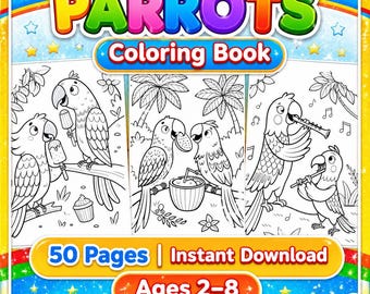 Papagei Malbuch für Kinder, 50 druckbare Seiten mit Tropenvögeln, Zeichnung von exotischen Vögeln, A4 PDF Sofort-Download, Kinder Geschenk