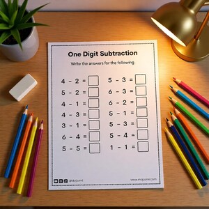 Preschool subtraction practice sheet for young children printable instant download PDF