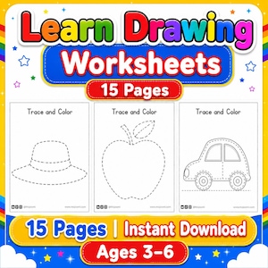 May include: A set of 15 Learn Drawing Worksheets for ages 3-6 featuring trace and color activities. The pages include dashed outlines of a hat, an apple, and a car. The design uses colorful text and star accents on a white background.