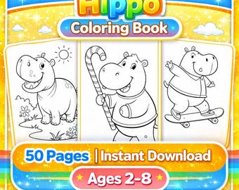 Livro de colorir de hipopótamo para crianças, 50 páginas imprimíveis de hipopótamos, atividade com animais selvagens da savana, PDF A4 para download instantâneo, presente para crianças
