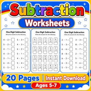 May include: A colorful educational worksheet set titled Subtraction Worksheets featuring one-digit subtraction problems with empty boxes for answers. The document includes 20 pages for ages 5-7 and is available as an instant download for students.