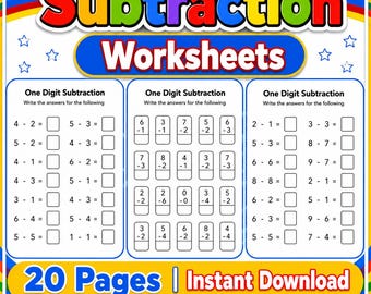 Hoja de ejercicios de resta para niños, 20 páginas imprimibles para practicar matemáticas con una cifra, actividad de matemáticas tempranas para preescolar, descarga instantánea en PDF tamaño A4.