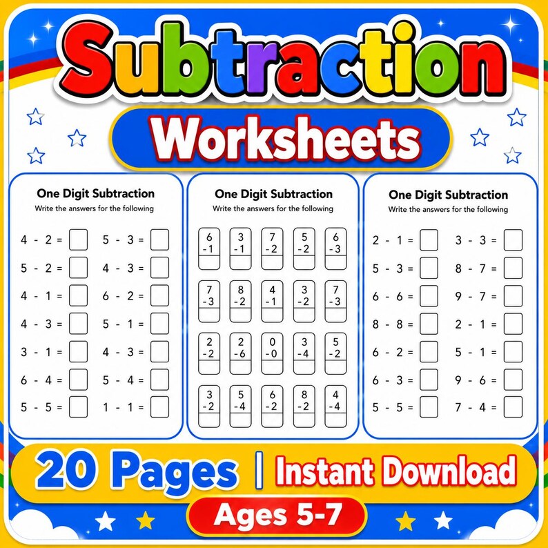 Subtraction worksheet for kids with 20 printable one digit math practice pages, A4 PDF instant download