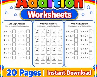 Addition Worksheets for Kids, 20 Printable One Digit Math Practice Pages, Preschool Early Math Activity, A4 PDF Instant Download