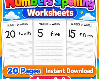 May include: Numbers Spelling Worksheets educational material featuring three white pages with the numbers 20, 5, and 15 written in black text alongside their spelled-out words and practice lines. The background is blue with clouds and stars.