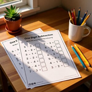 One digit subtraction worksheet with problems including 7 minus 5 and 4 minus 2 with spaces for answers