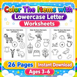 Color the Item with Lowercase Letters Worksheets, 26 Printable ABC Alphabet Recognition Pages, Preschool Learning Activity
