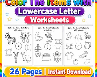 Color the Item with Lowercase Letters Worksheets, 26 Printable ABC Alphabet Recognition Pages, Preschool Learning Activity