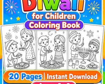 Diwali Coloring Book for Kids Printable, 20 Pages Diya Rangoli Fireworks Festival of Lights Coloring Pages, Indian Holiday PDF