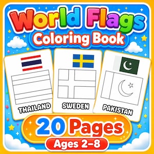 Kolorowanka „Flagi świata” dla dzieci, 20 stron z flagami państw do wydrukowania, edukacyjna aktywność z geografii, plik PDF A4 do natychmiastowego pobrania, prezent dla dzieci