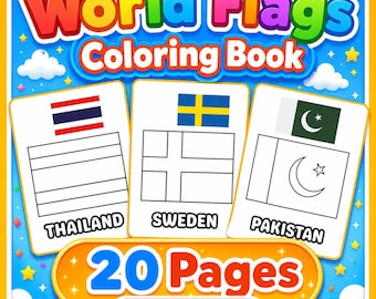 World Flags Coloring Book for Kids, 20 Printable Country Flag Pages, Geography Educational Activity, A4 PDF Instant Download, Kids Gift