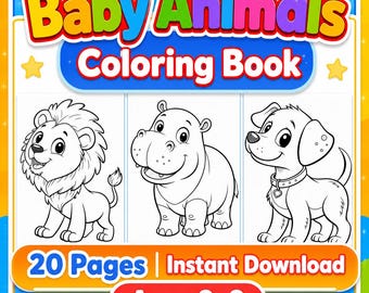 Baby Animal Coloring Book for Kids Printable, 20 Pages Cute Baby Animals Coloring Pages, Kawaii Animals PDF, Digital Download, Toddler Gift