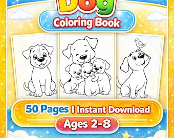 Dog Coloring Book Kids, 50 Puppy Doodle Pages, Printable PDF, Pet Lover Gift, Kids Activity Book
