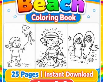 Tropical Beach Coloring Book for Kids, 25 Printable Summer Beach Activity Pages, Sandcastle Ocean Fun, A4 PDF Instant Download, Kids Gift