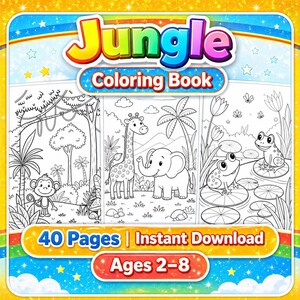 Puede incluir: Una colorida portada de un libro para colorear infantil titulado "Jungle Coloring Book". La portada presenta ilustraciones de animales de la selva, como un mono, una jirafa, un elefante y ranas. El libro tiene 40 páginas y es para niños de 2 a 8 años.