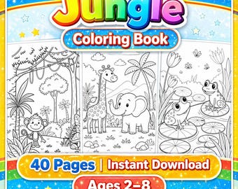 Livro de colorir de animais da selva para crianças, 50 páginas imprimíveis com animais selvagens da savana, leão, macaco e elefante, PDF tamanho A4 para download instantâneo, presente para crianças