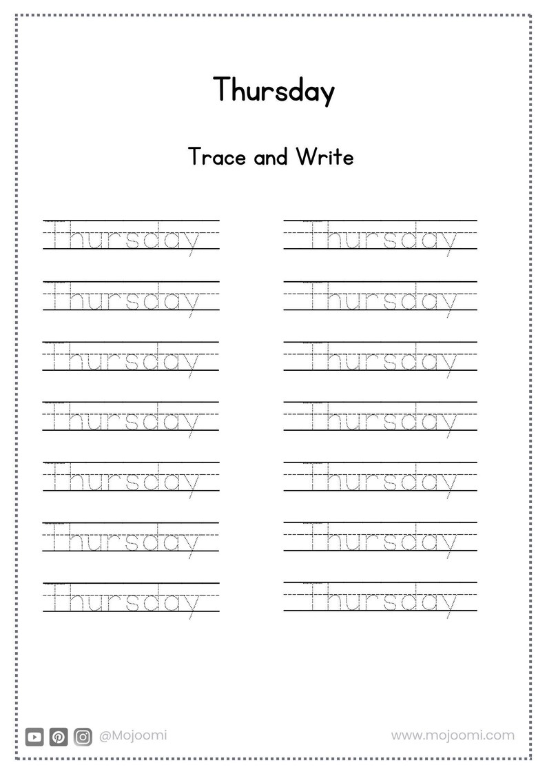 Thursday Writing Days of the Week Worksheets: Tracing & Writing Practice - Preschool ...