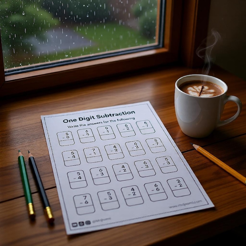 One digit subtraction worksheet with subtraction sums and answer boxes for educational practice for children