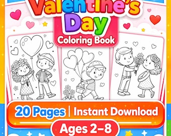 バレンタインデーの子供向け塗り絵ブック（印刷可能）、ハートと愛とキューピッドの塗り絵ページ20ページ、バレンタインPDF、デジタルダウンロード、子供向けバレンタイン