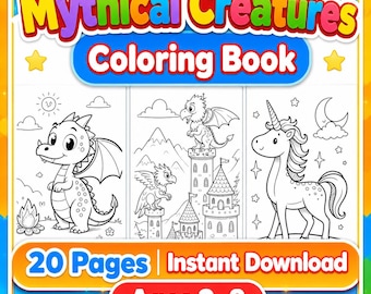 Fabelwesen, Malbuch für Kinder zum ausdrucken, 20 Seiten Drache Einhorn Fee Malseiten, Fantasie PDF, digitaler Download, Kinder Geschenk