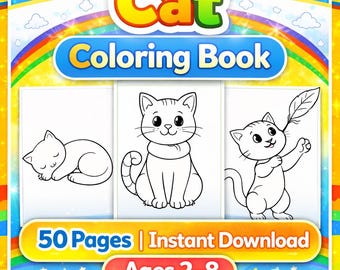 Cat Coloring Book for Kids Printable, 50 Pages Kitten Coloring Pages, Kawaii Cat PDF, Digital Download, Toddler Activity, Cat Lover Gift