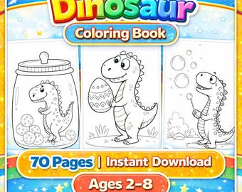 Libro para colorear de dinosaurios en formato digital, 70 páginas para colorear de dinosaurios imprimibles, PDF de actividades para niños, arte jurásico de T-Rex y Triceratops, diversión para niños pequeños.