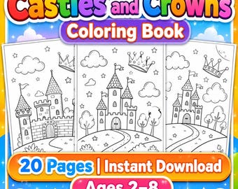 Castle Coloring Book for Kids Printable, 20 Pages Princess Crown Medieval Fairy Tale Coloring Pages, Fantasy PDF, Digital Download