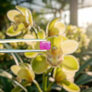 May include: A vibrant, faceted, pink gemstone is held by silver tweezers against a blurred background of yellow orchids. The gemstone has a rectangular shape with cut corners, showcasing its clarity and color. The image is well-lit, highlighting the gem's brilliance.