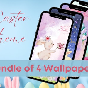Puede incluir: Cuatro smartphones que muestran fondos de pantalla con temática de Pascua. Las pantallas muestran diseños de acuarela de un conejito, estrellas y patrones florales. El texto "Easter Theme" y "Bundle of 4 Wallpapers" se muestra en rosa sobre un fondo azul claro.