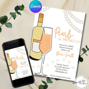 Pearls and Prosecco Bridal Shower Digital Invitation, Printable Editable Template,Instant Download,Modern Elegant Bubbly Champagne White