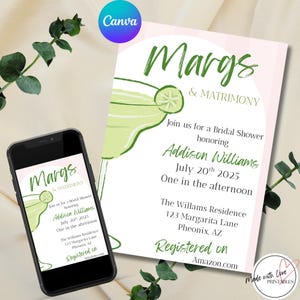 Margaritas Margs and Matrimony,Bridal Shower Digital Invitation,Printable Editable Template,Instant Download,Drinks Wedding Pink Green Limes