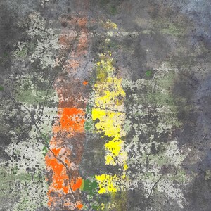 May include: Abstract artwork with a textured, dark gray background. Splashes of orange, yellow, and green paint create a vibrant contrast. The artwork has a distressed, aged appearance, with visible cracks and imperfections.