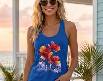 Floral Racerback Tank Top- Watercolor Style Poppy Athletic Shirt, Moisture Wicking Summer Beach Top