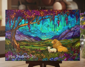 Personalized Art Glass Cutting Board – Stained Glass Style Lion and Lamb Landscape, Christian Kitchen Decor, Custom Family Name or Verse