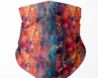 Luminous Alcohol Ink Style Botanical Neck Gaiter- Multi Use Colorful Abstract Floral Face Cover Wearable As Scarf, Beanie, or Headband