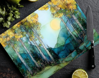 Tabla de cortar de vidrio artístico Bosque de álamos – Decoración botánica Amanecer en la montaña – Paisaje artístico con tinta de alcohol para la cocina y el hogar