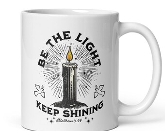Be The Light Mug – Keep Shining Matthew 5:14 Scripture Mug, Christian Candle Art Coffee Cup, Inspirational Bible Verse Gift