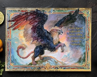 Griffin Art Glass Cutting Board with Inspirational Quote | Mythical Creature Kitchen Decor | Fantasy Art | Medieval Folklore Gift