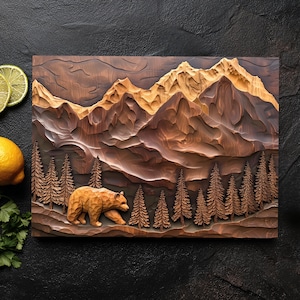 Mountain Bear Art Glass Cutting Board, Tempered Glass Rustic Forest Landscape Home Multi Use Decor