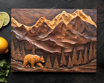 Mountain Bear Art Glass Cutting Board, Tempered Glass Rustic Forest Landscape Home Multi Use Decor