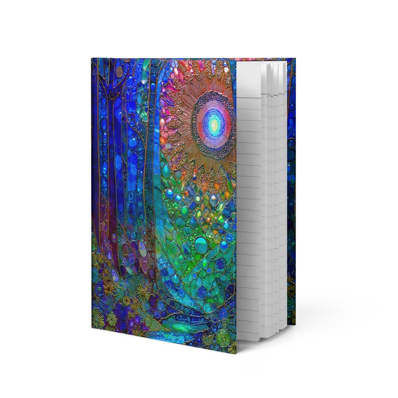 May include: A hardcover notebook featuring a vibrant, multi-colored mosaic-style cover design with deep blues, greens, and a central sunburst pattern. The notebook is partially open, revealing white, lined paper pages stacked on the right side.